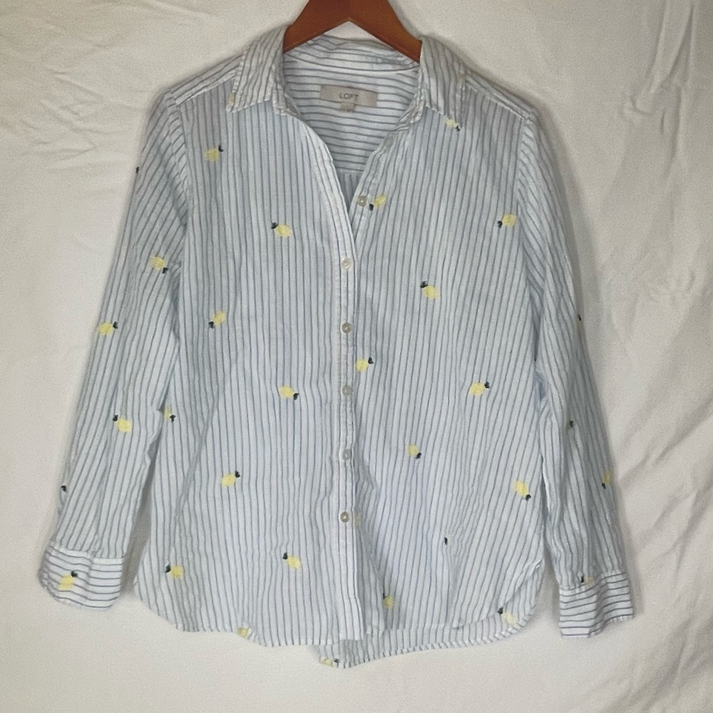 LOFT lemon embroidered button up long sleeve